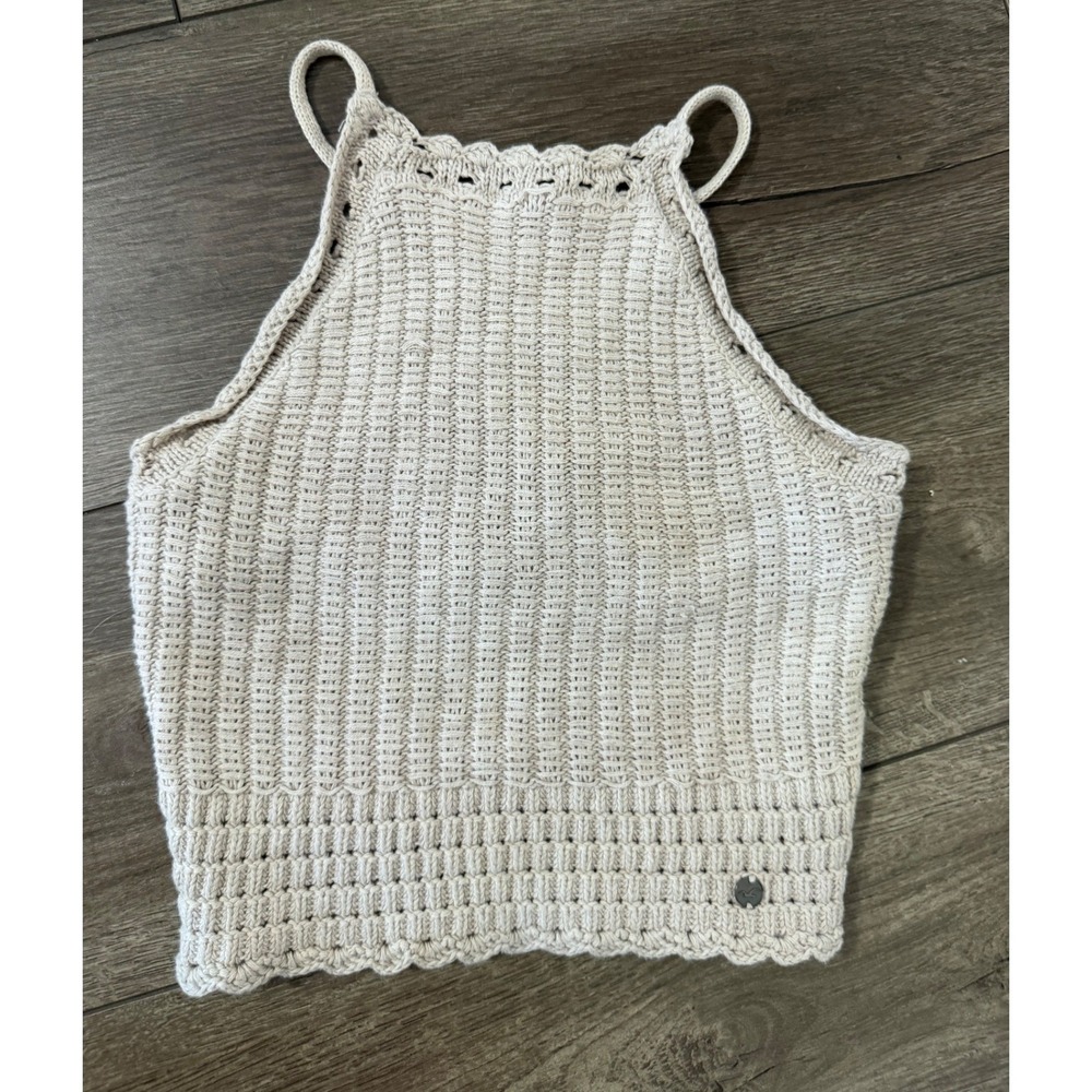 Hollister Womens XS Beige Crochet Knit Halter Top Tassel Tie Back Boho Festival